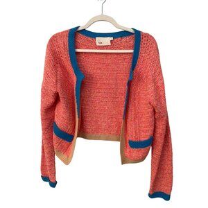 Yoon Cropped Open Front Cardigan Sweater Size Large Colorblock Pink Coral Comfy